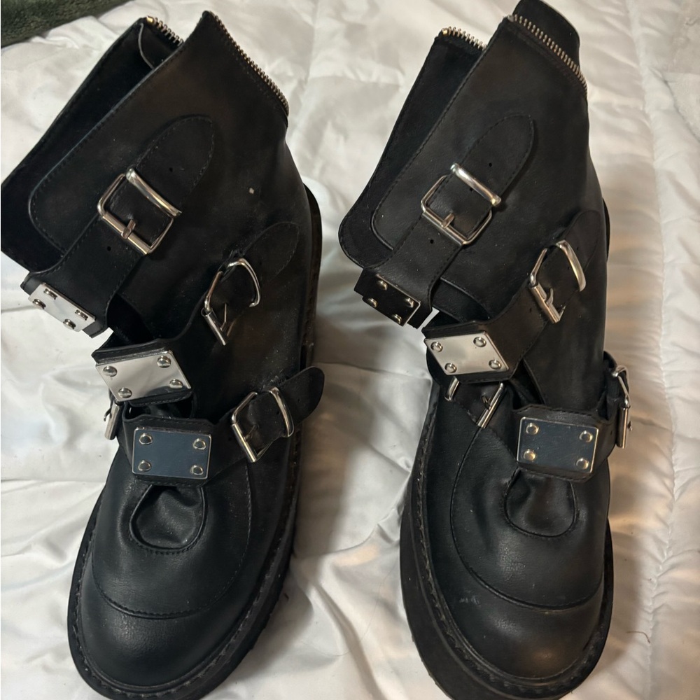 Demonia Black Heeled Boots with Buckles